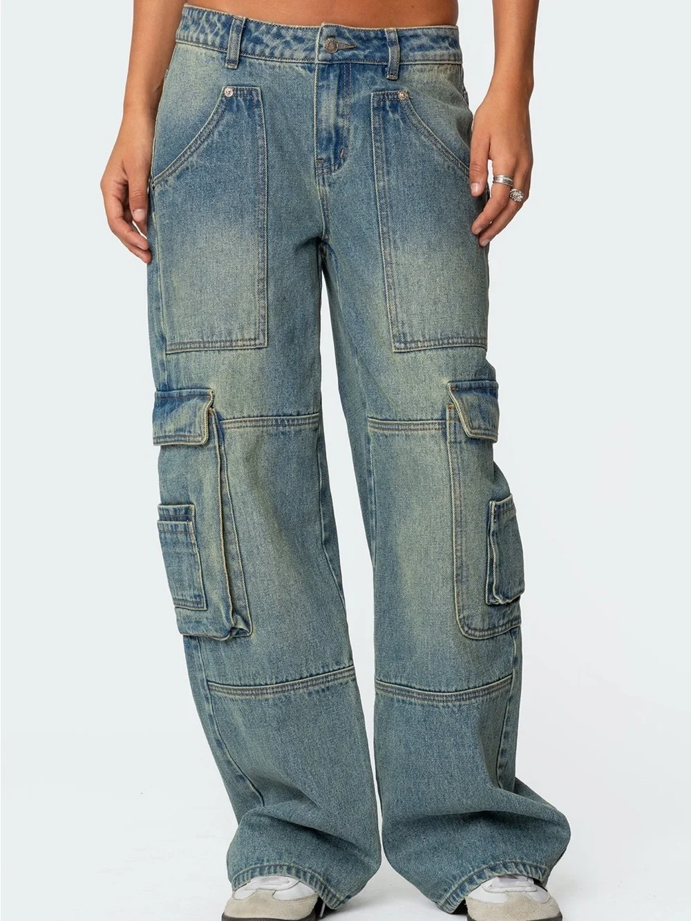 Edikted Westie Blue/Navy Washed Low Rise Baggy Cargo Jeans Size XS
